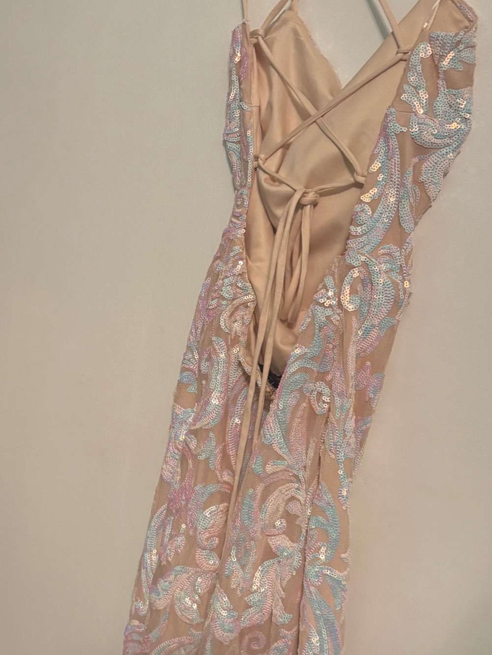 Iridiscent Sequin Nude Lace-Up Prom Dress